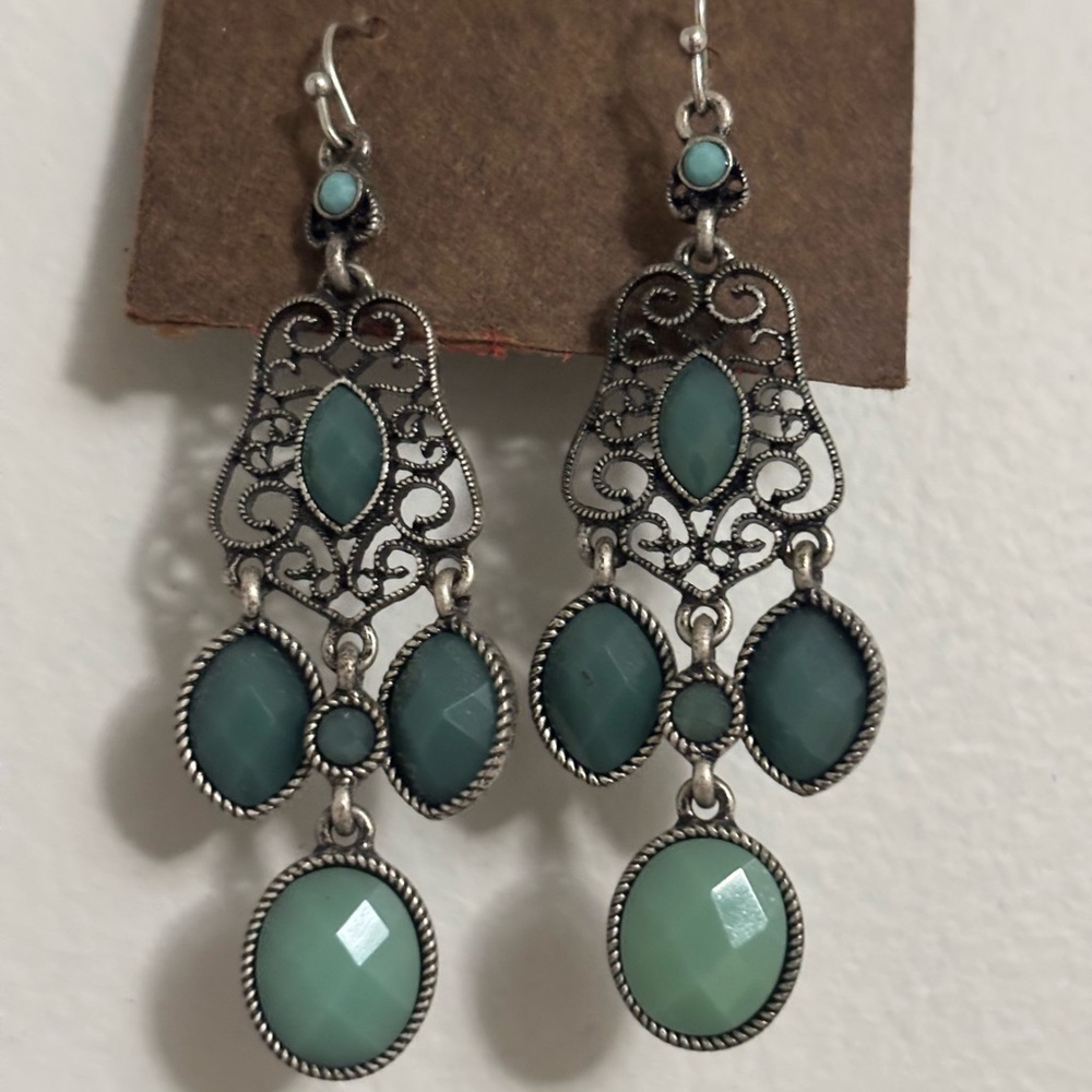 Lia Sophia "St. Topez" Matte Silver Tone w/Blue Resins Chandelier Earrings